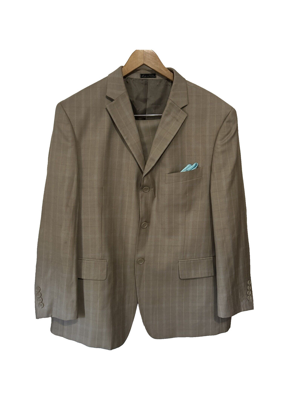 Lineage Men’s Suit Pant 38S Blazer 44S Tan Plaid Cuffed Business Stretch EUC